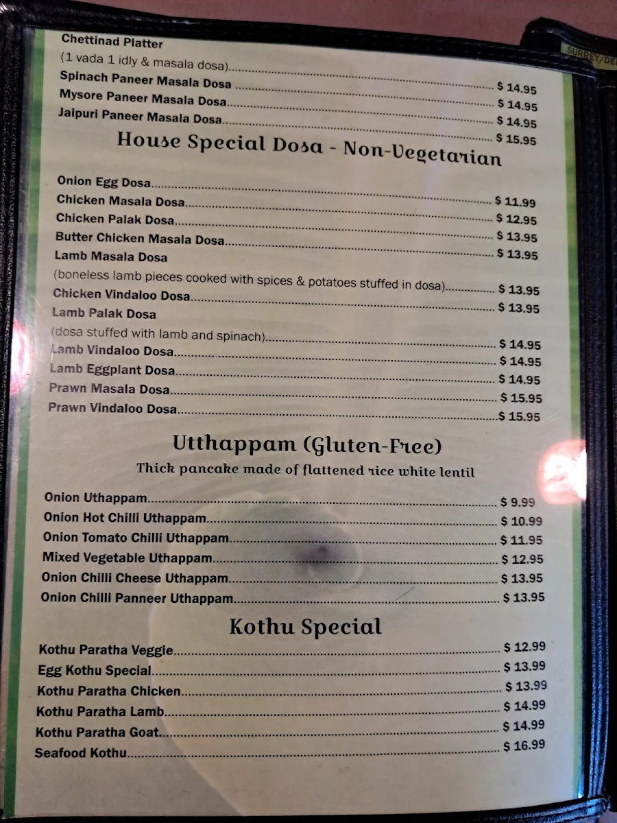 Menu, Chettinad Dosa Palace