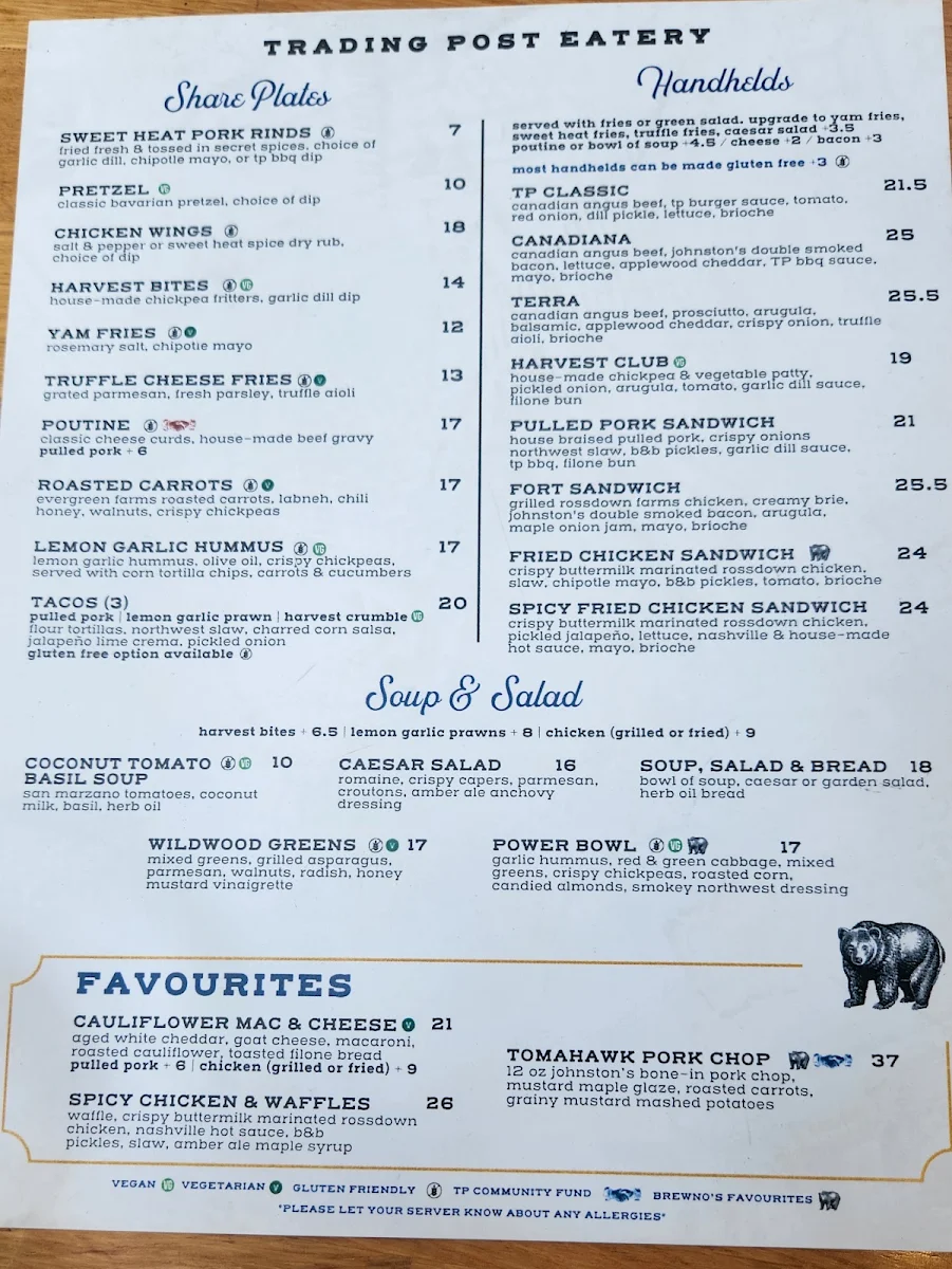 Menu, Trading Post Eatery