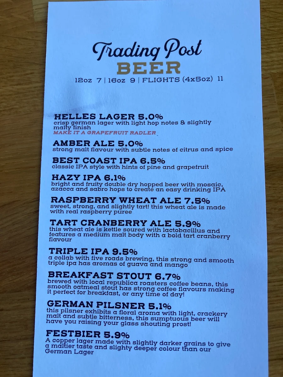 Menu, Trading Post Eatery