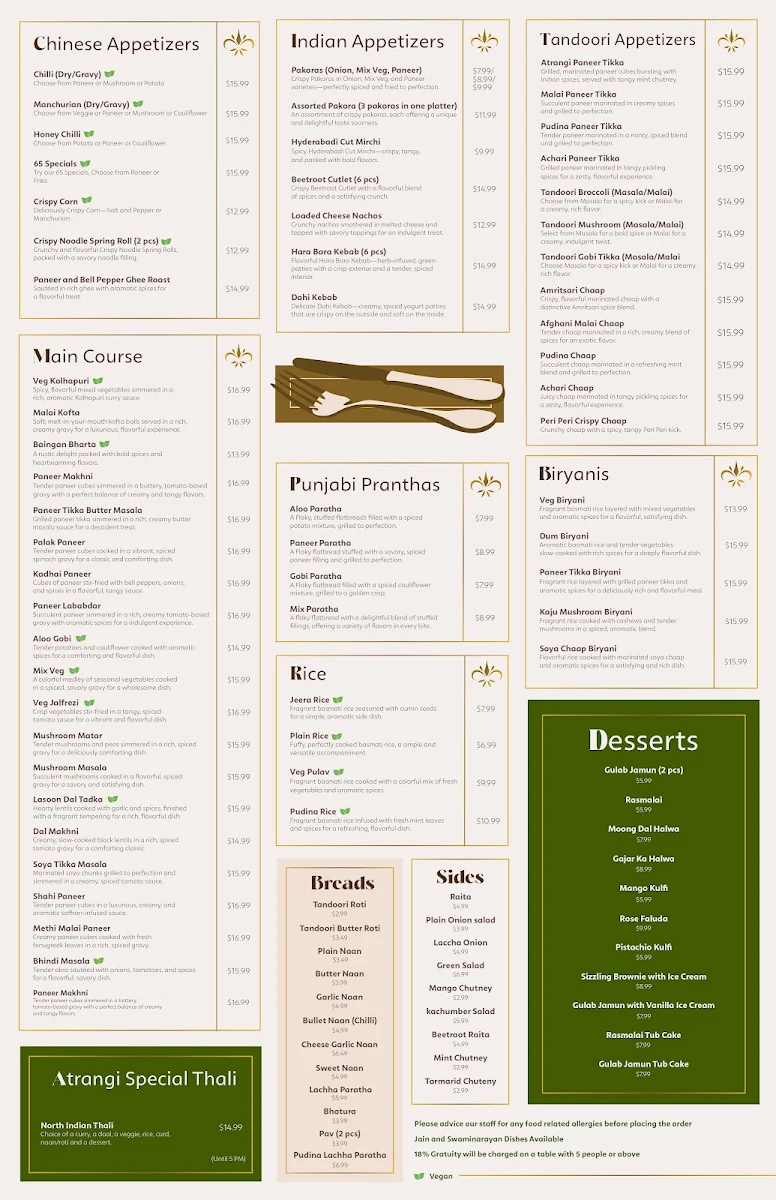 Menu, Atrangi - Pure Vegetarian Indian Cuisine