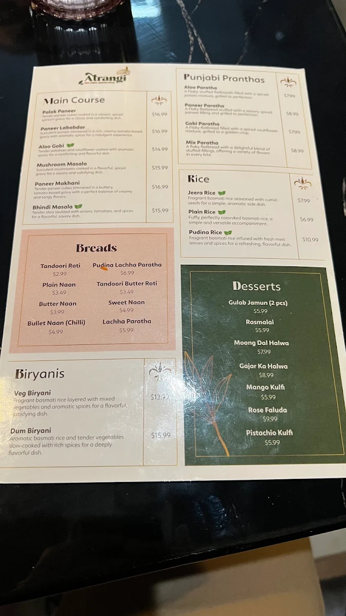 Menu, Atrangi - Pure Vegetarian Indian Cuisine
