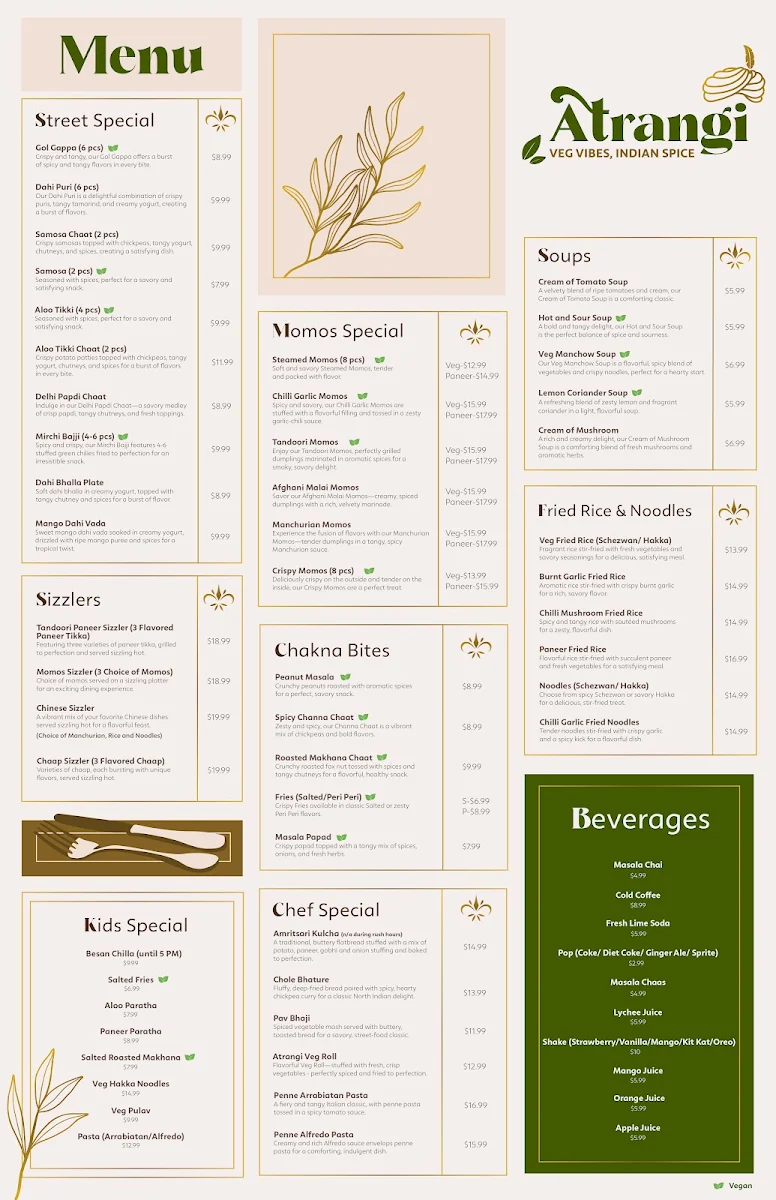 Menu, Atrangi - Pure Vegetarian Indian Cuisine