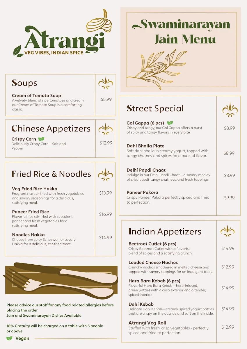 Menu, Atrangi - Pure Vegetarian Indian Cuisine