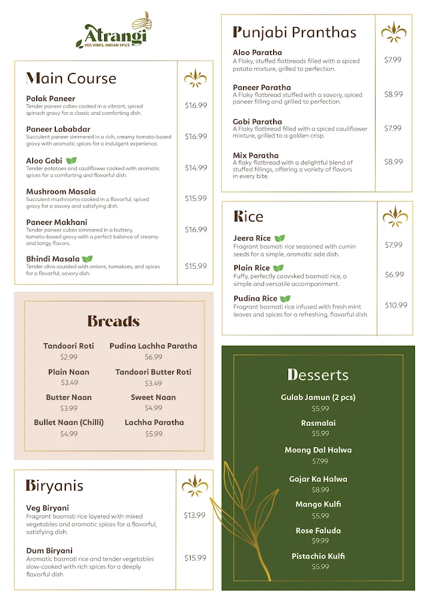 Menu, Atrangi - Pure Vegetarian Indian Cuisine