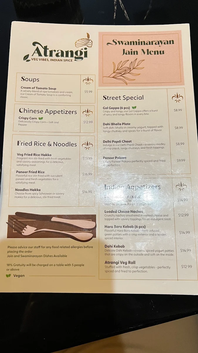 Menu, Atrangi - Pure Vegetarian Indian Cuisine