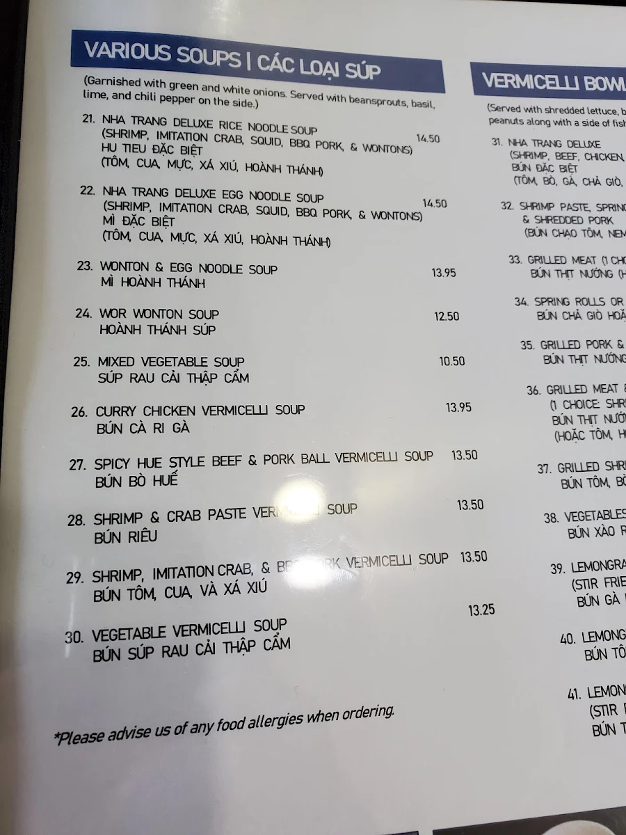 Menu, Nha Trang Restaurant