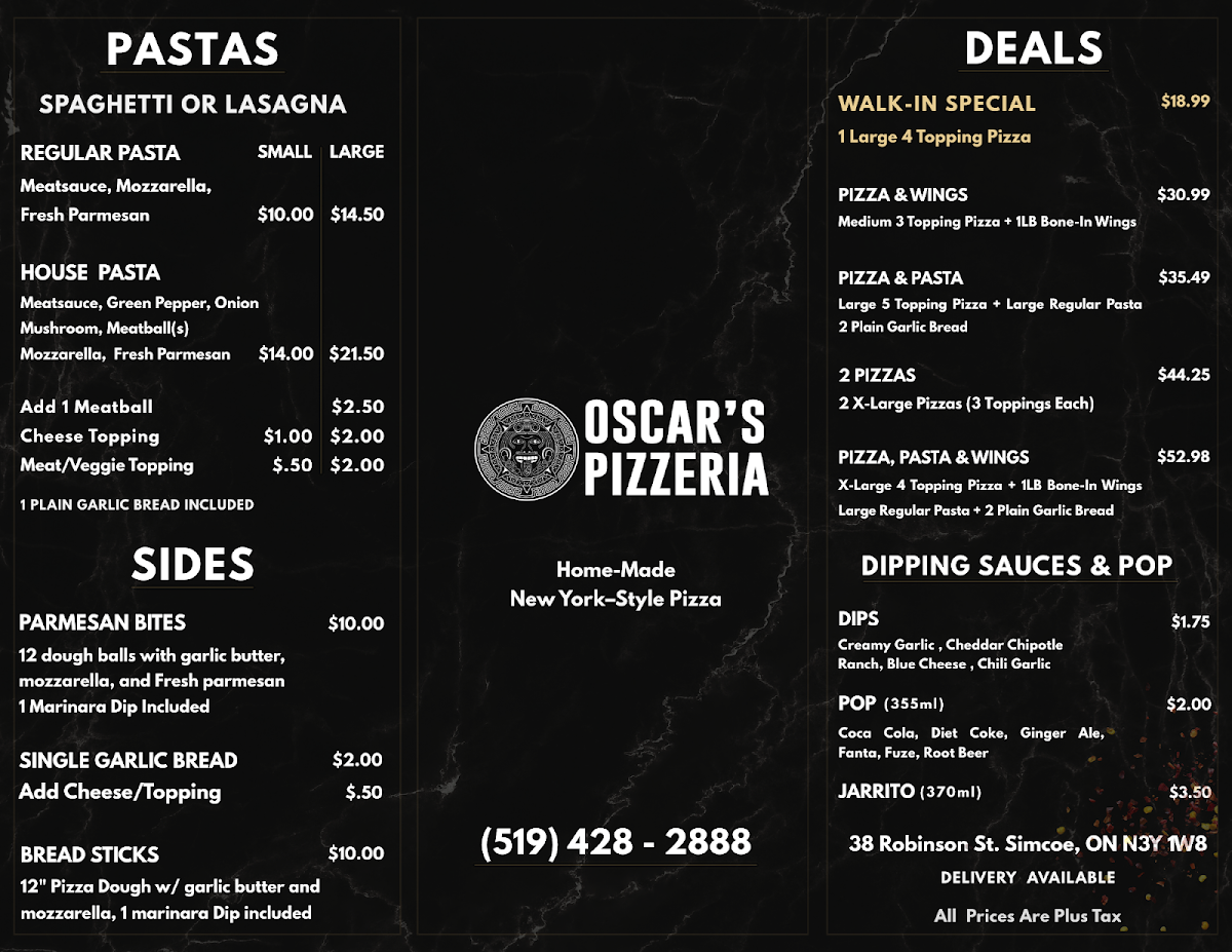 Menu, Oscar’s Pizzeria