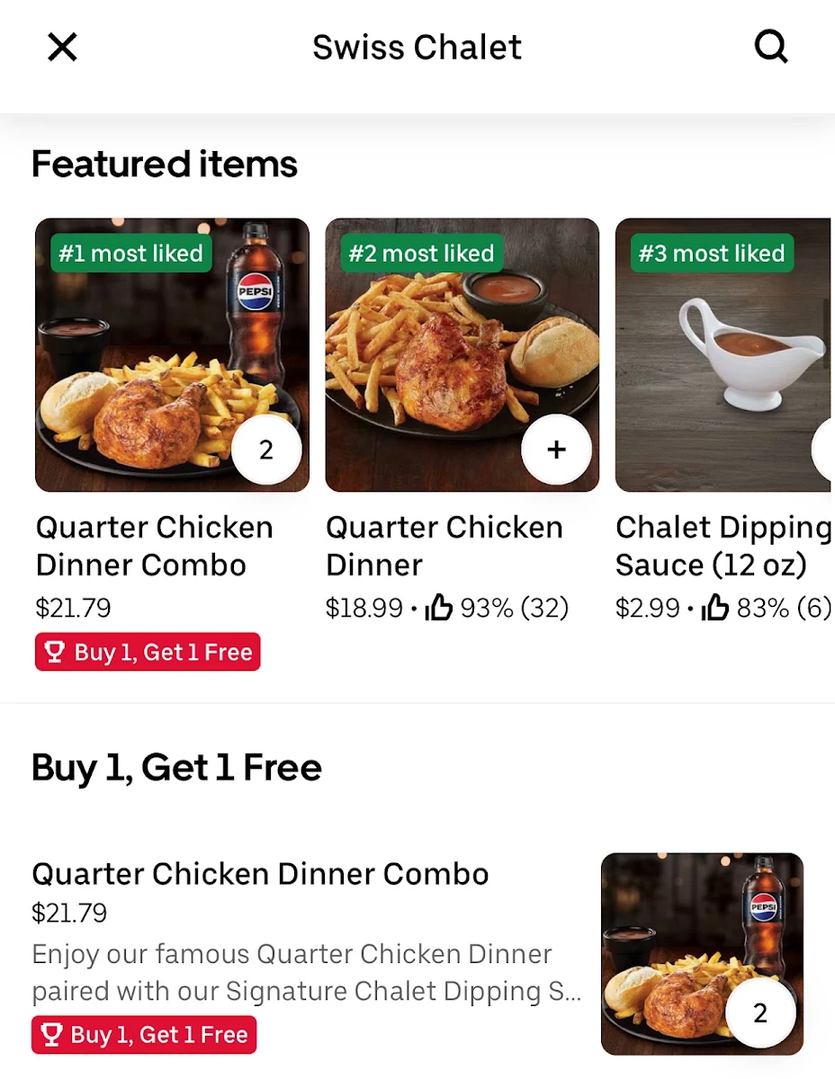 Menu, Swiss Chalet