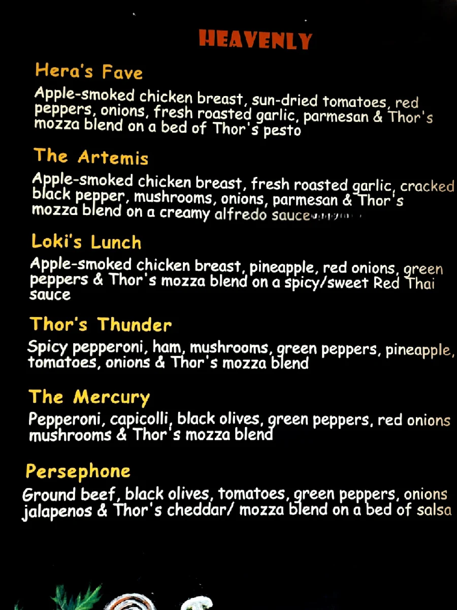Menu, Thor's Pizzeria