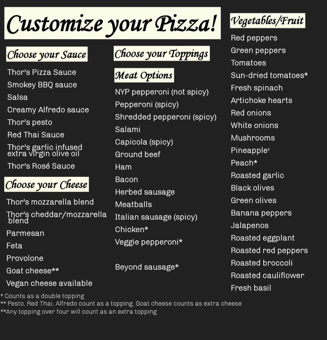 Menu, Thor's Pizzeria