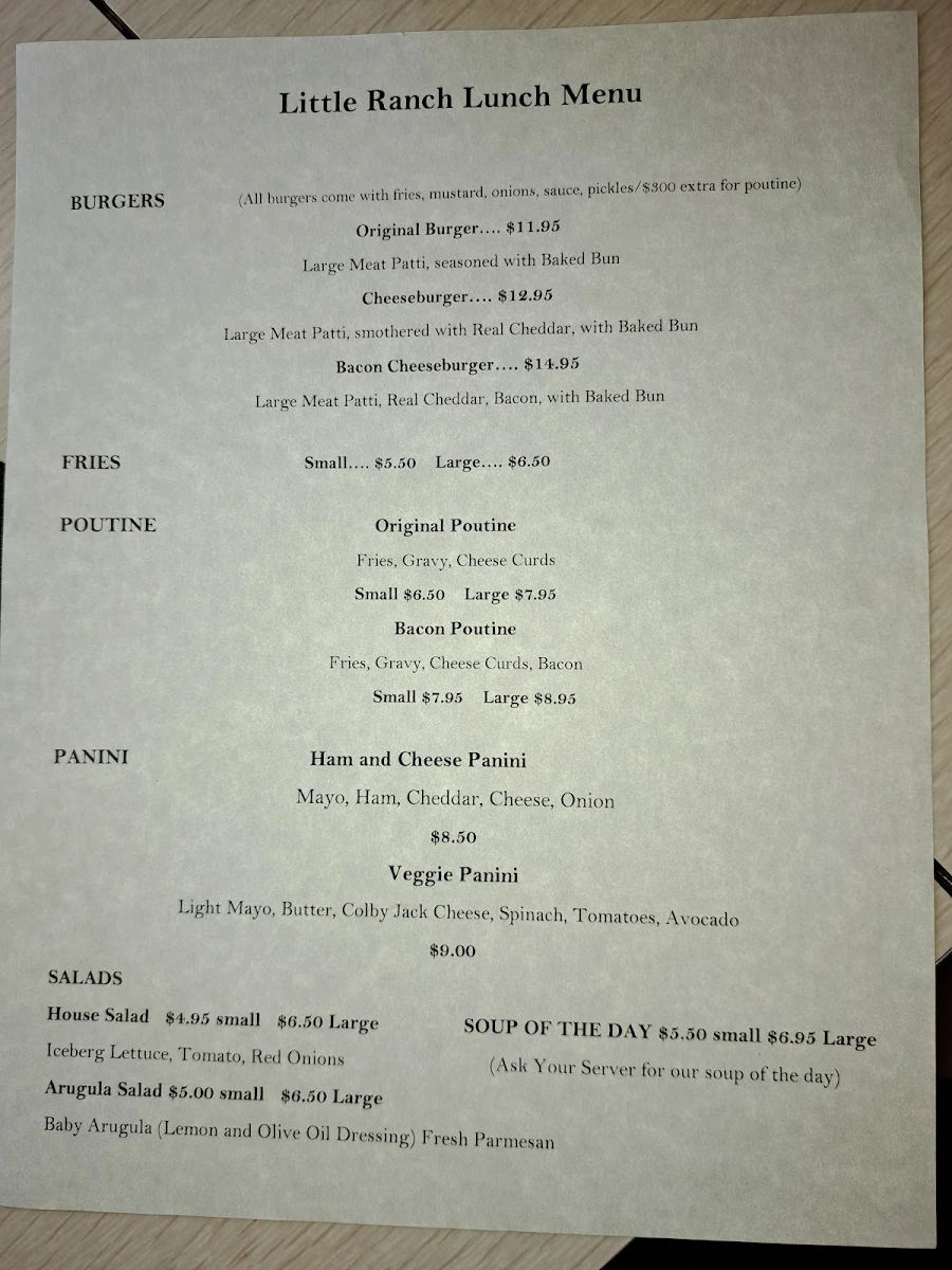 Menu, Little Ranch Cafe