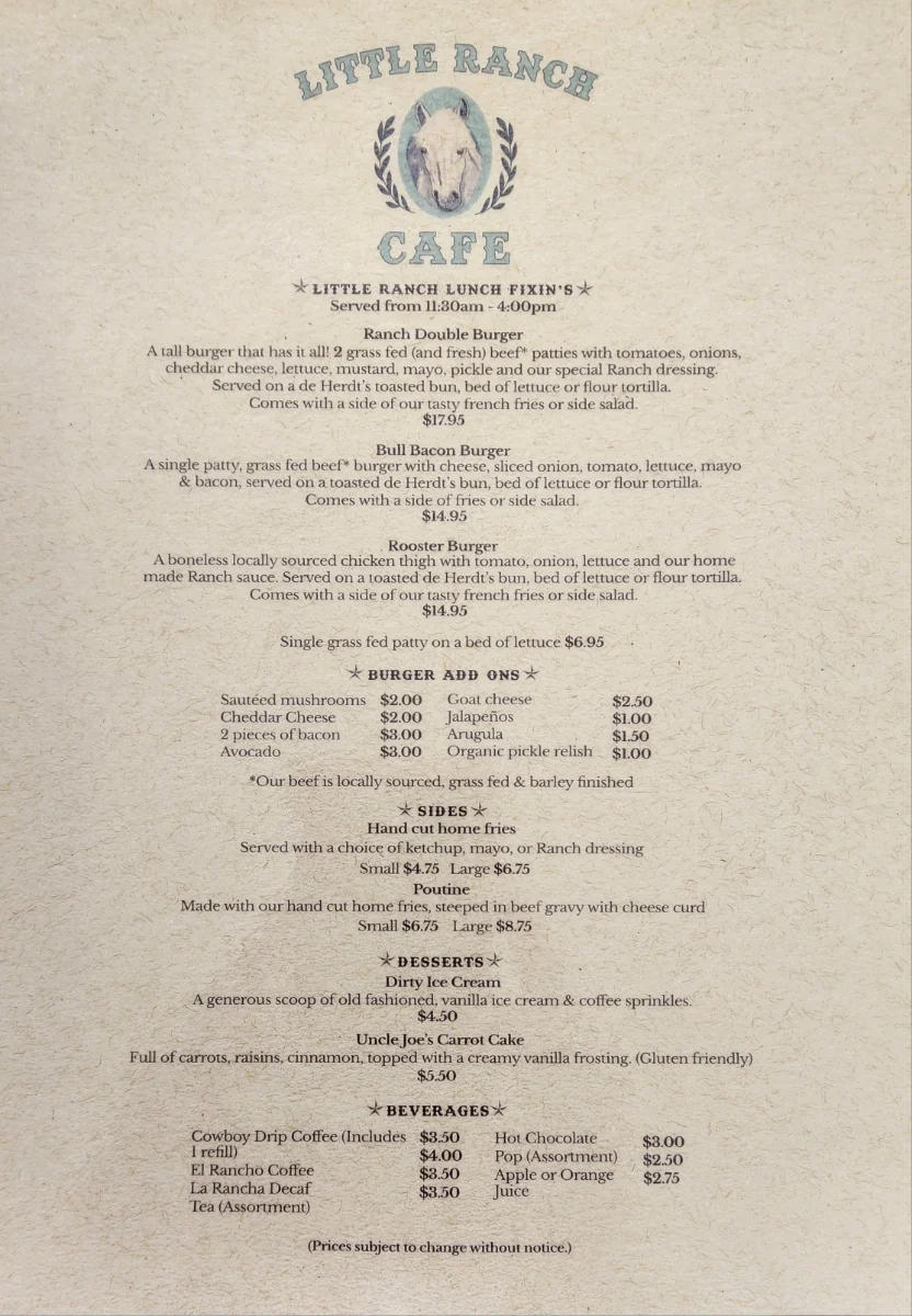 Menu, Little Ranch Cafe