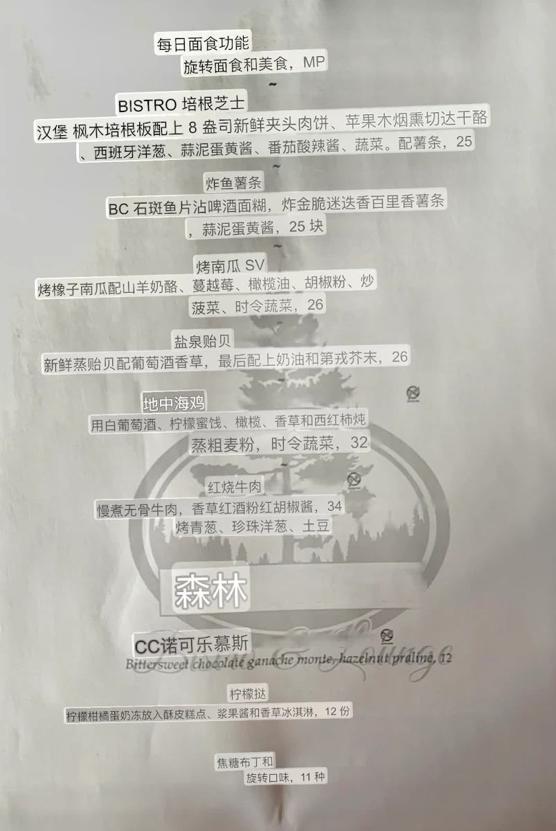 Menu, Forest Bistro & Lounge