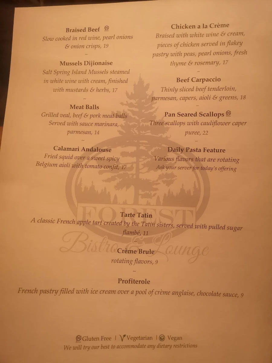 Menu, Forest Bistro & Lounge