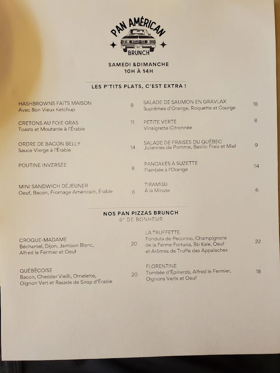 Menu, Pan Américan Pizza