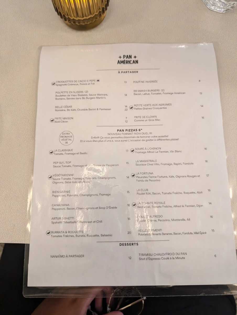 Menu, Pan Américan Pizza