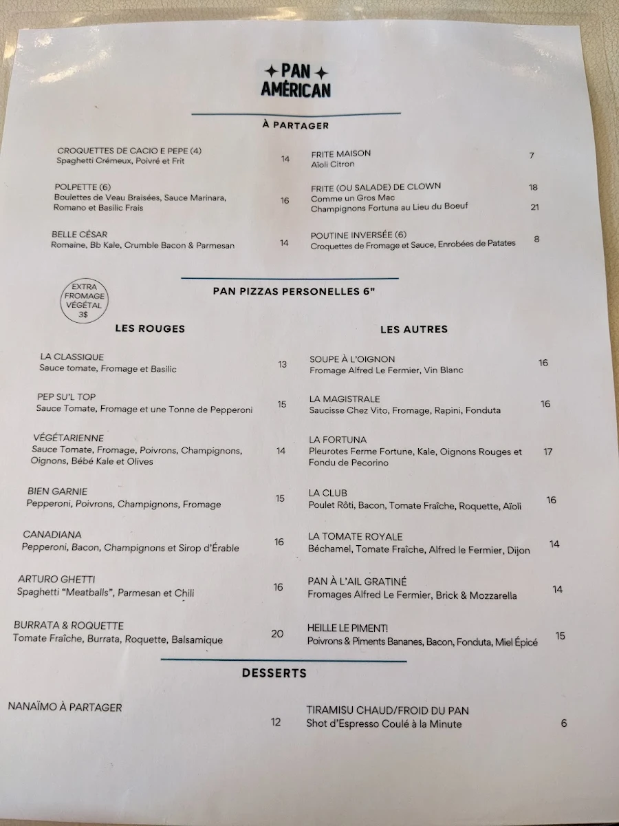 Menu, Pan Américan Pizza