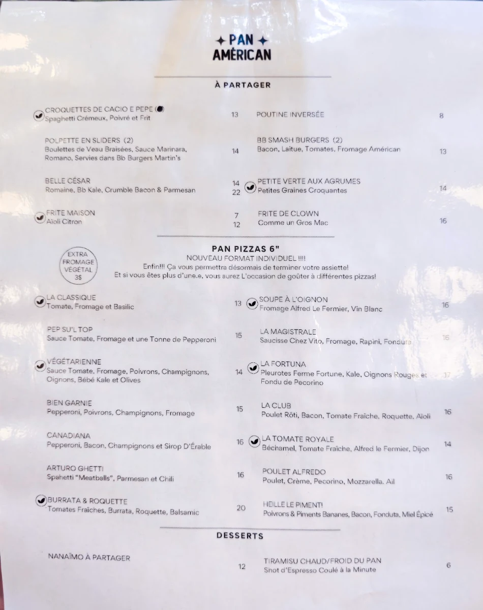 Menu, Pan Américan Pizza