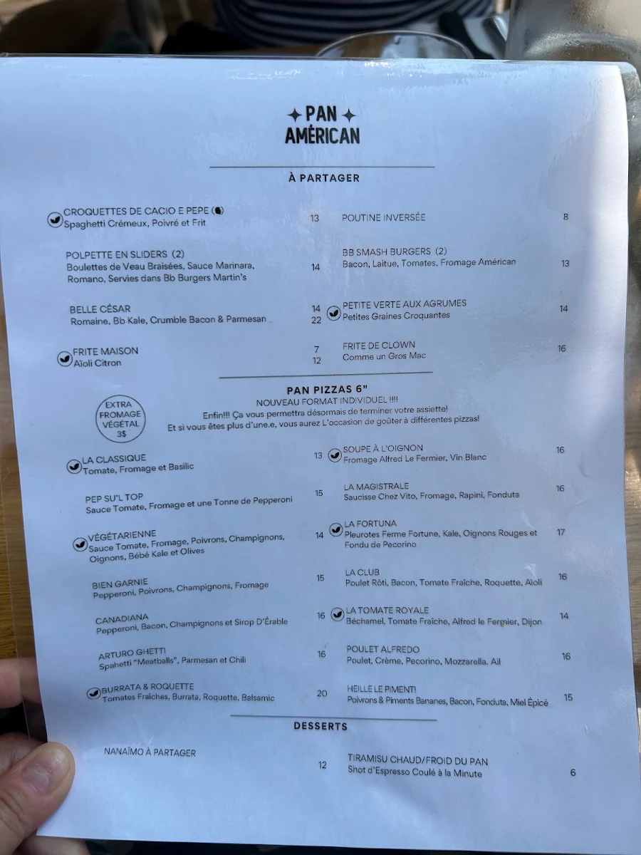Menu, Pan Américan Pizza