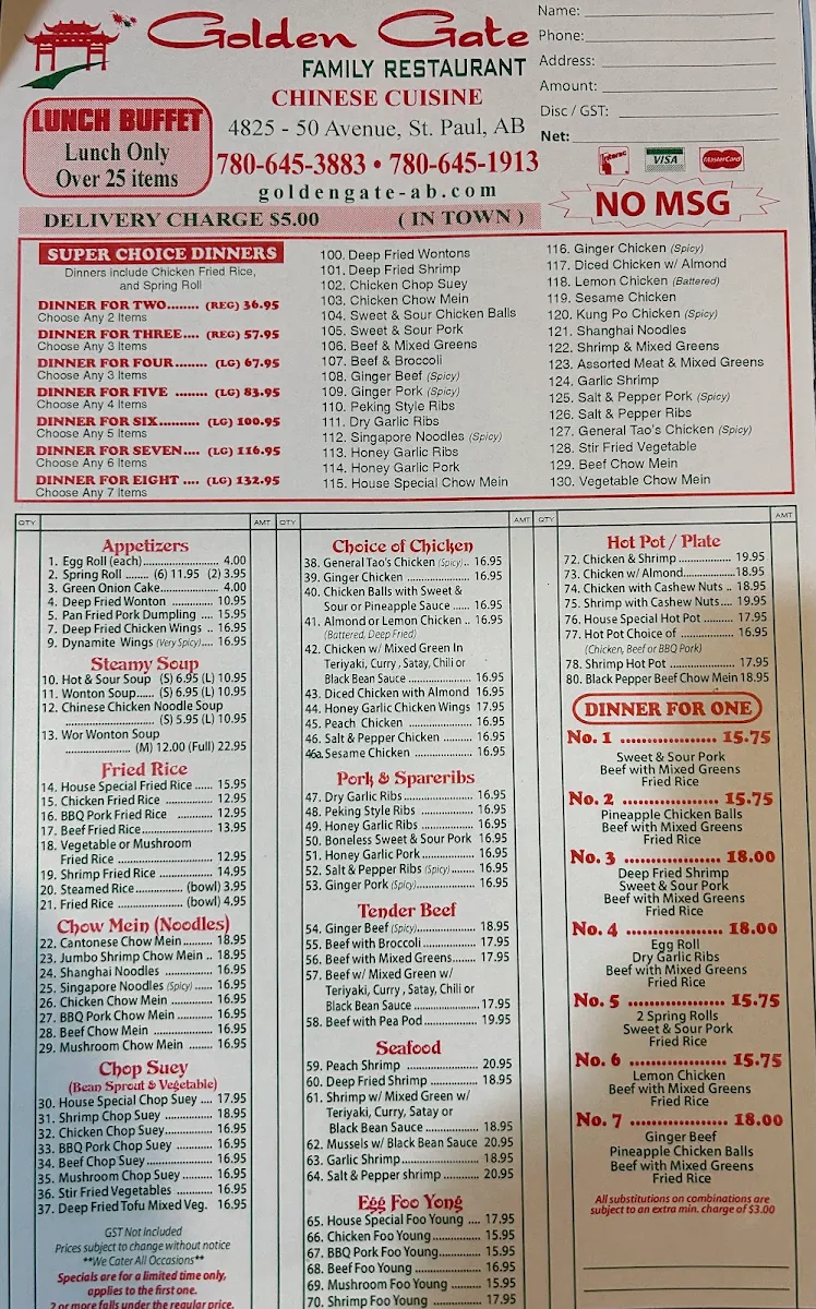 Menu, Golden Gate Chinese Restaurant