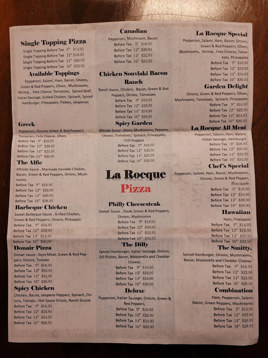 Menu, La Rocque Dining