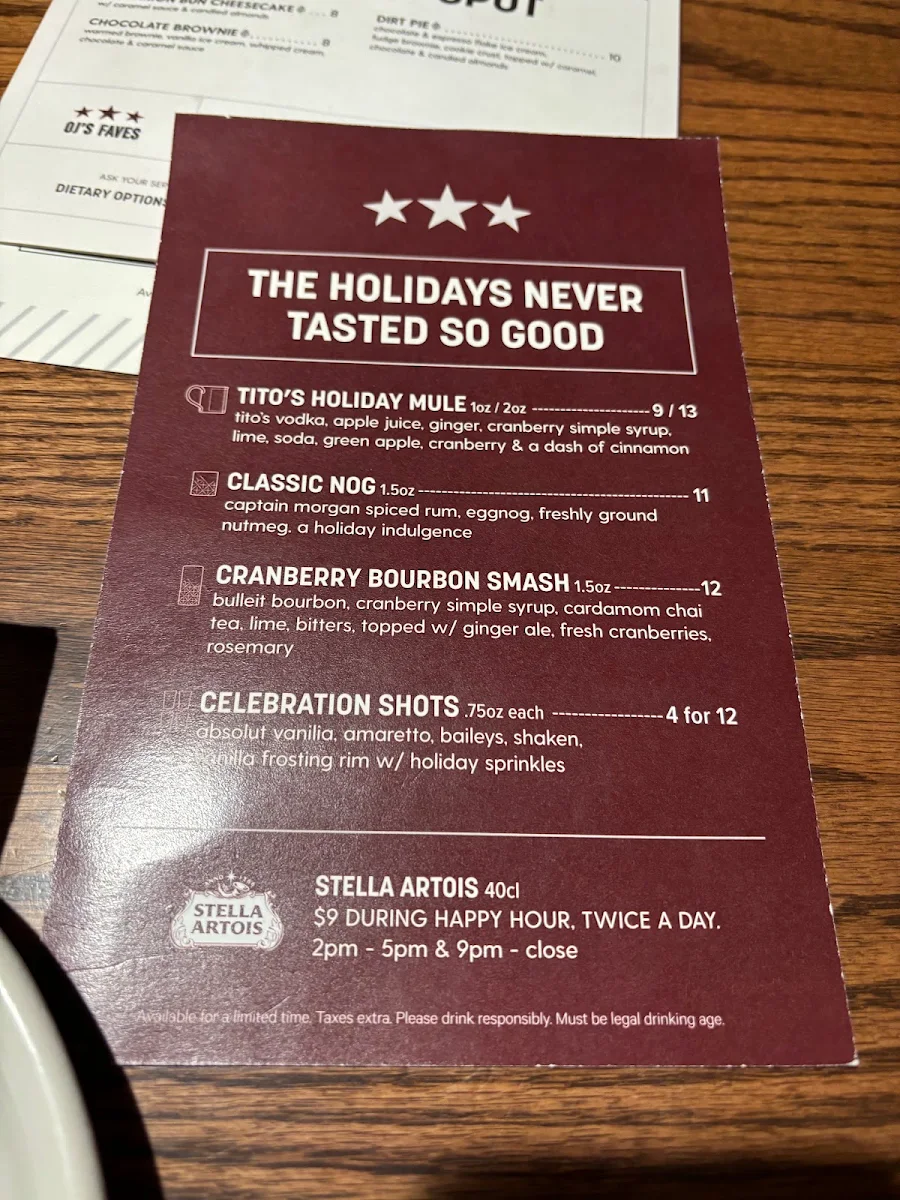 Menu, Original Joe's