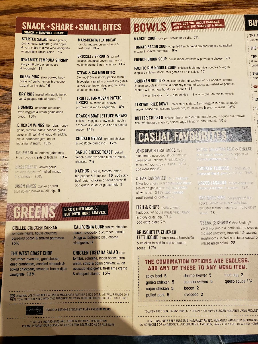 Menu, Original Joe's