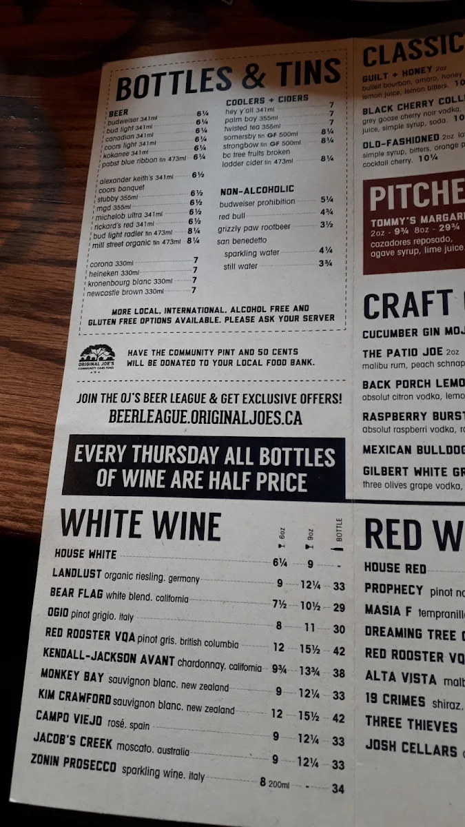 Menu, Original Joe's