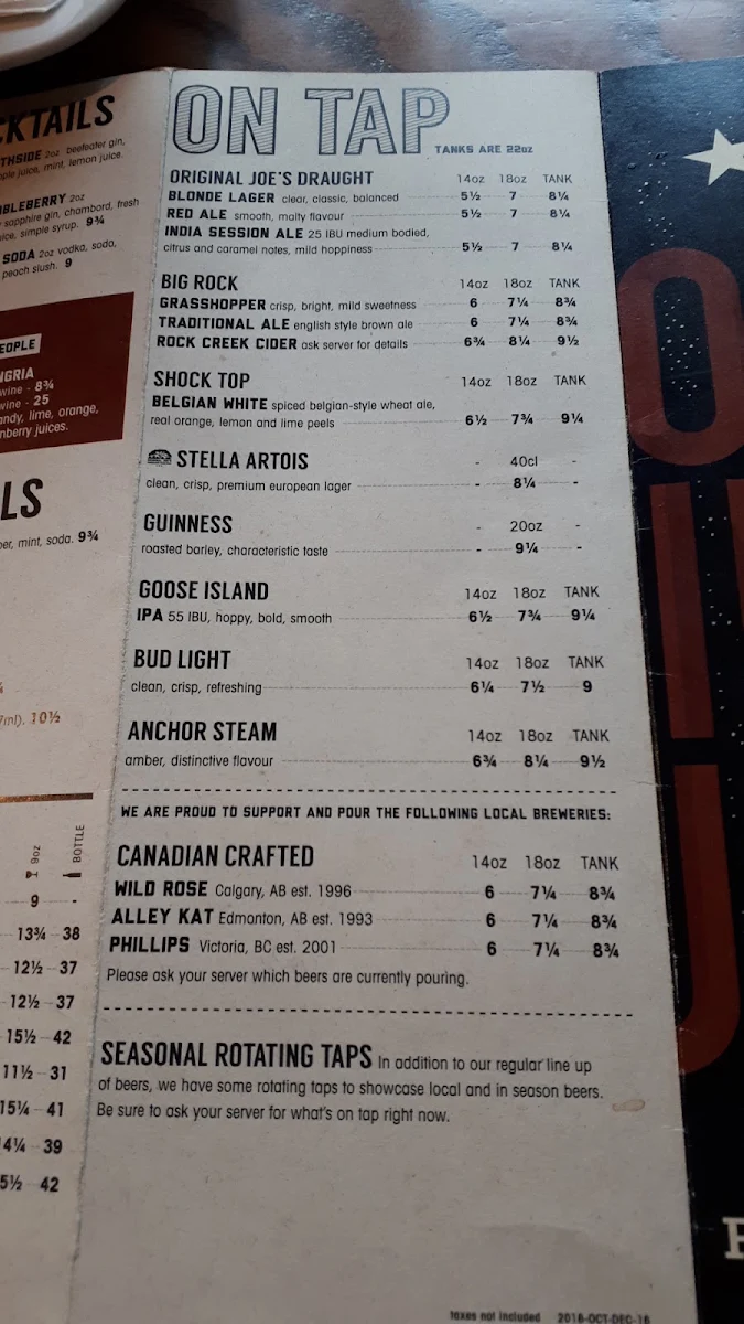 Menu, Original Joe's