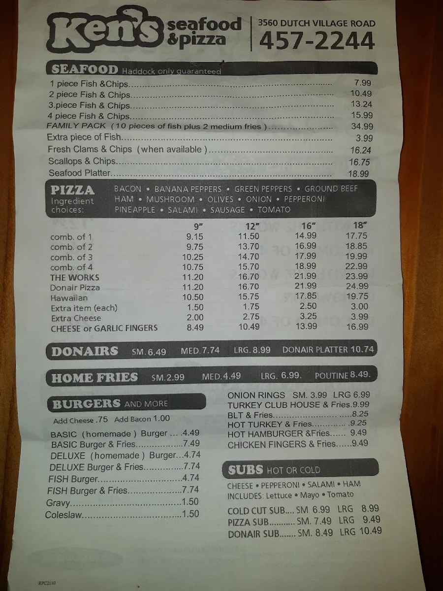Menu, Ken's Seafood & Pizza