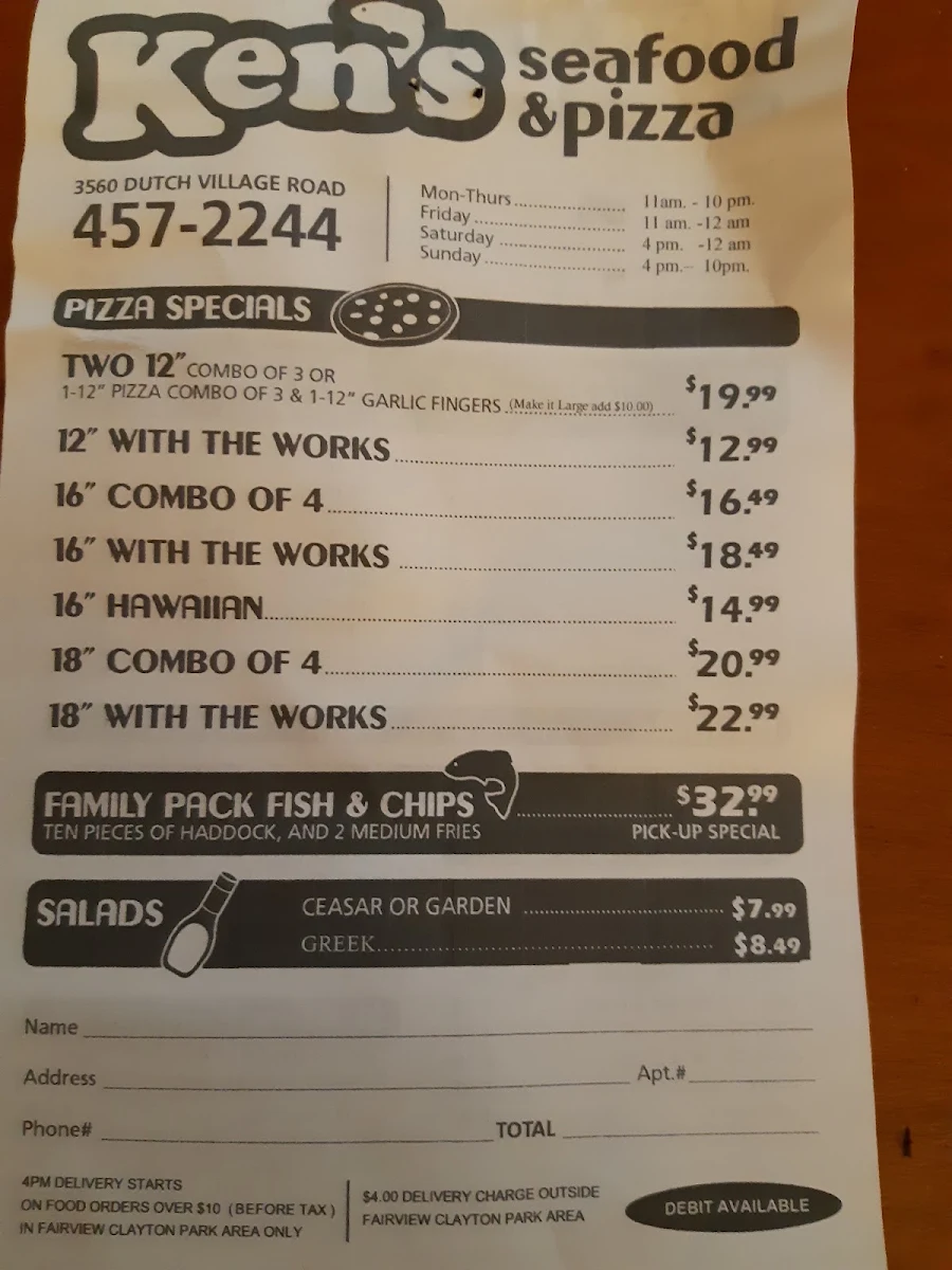 Menu, Ken's Seafood & Pizza