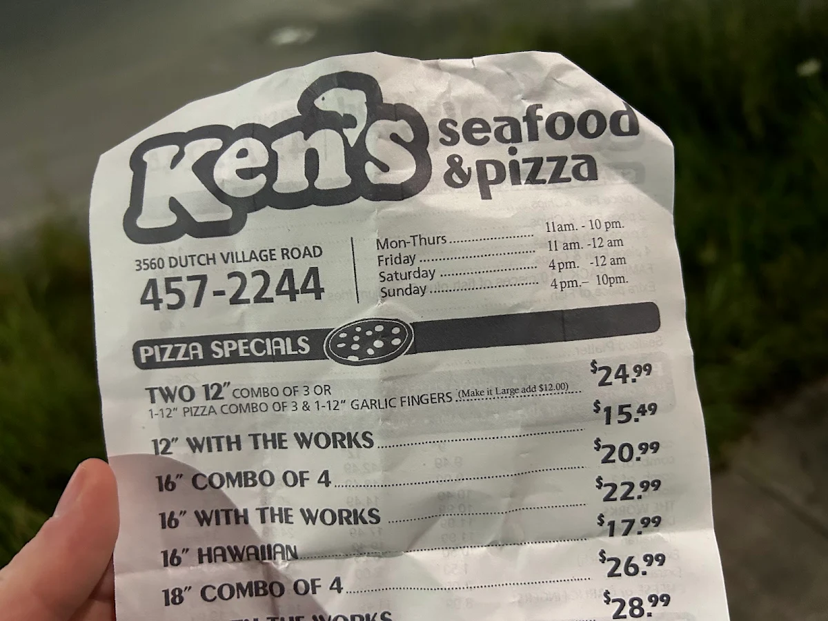 Menu, Ken's Seafood & Pizza