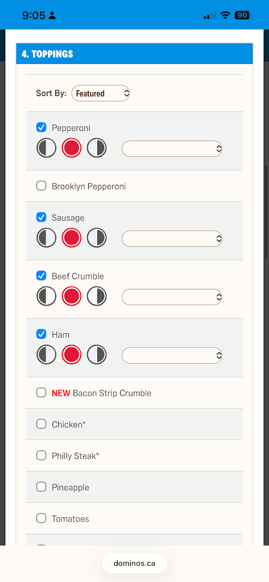 Menu, Domino's Pizza