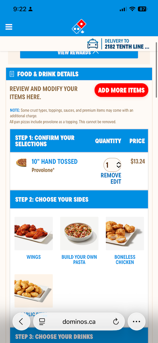Menu, Domino's Pizza