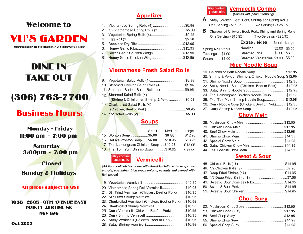 Menu, Vu's Garden