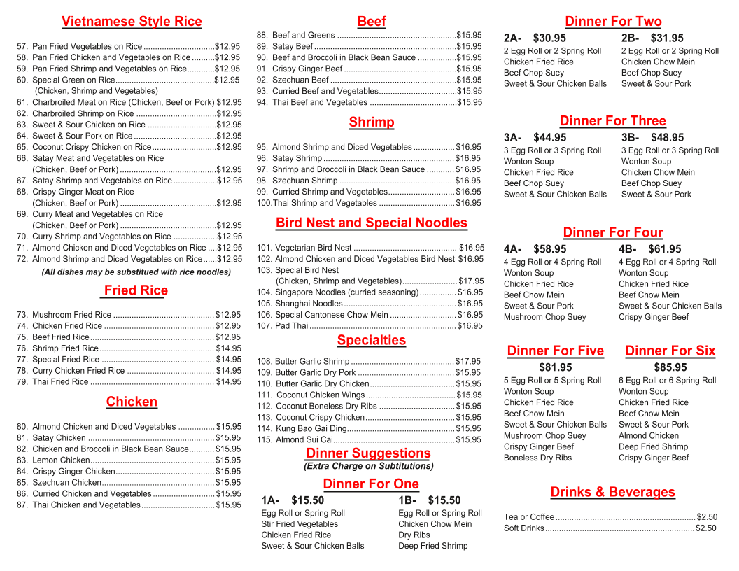 Menu, Vu's Garden