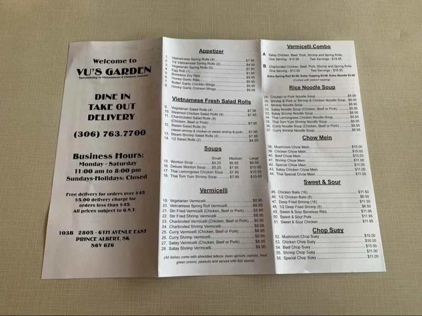 Menu, Vu's Garden