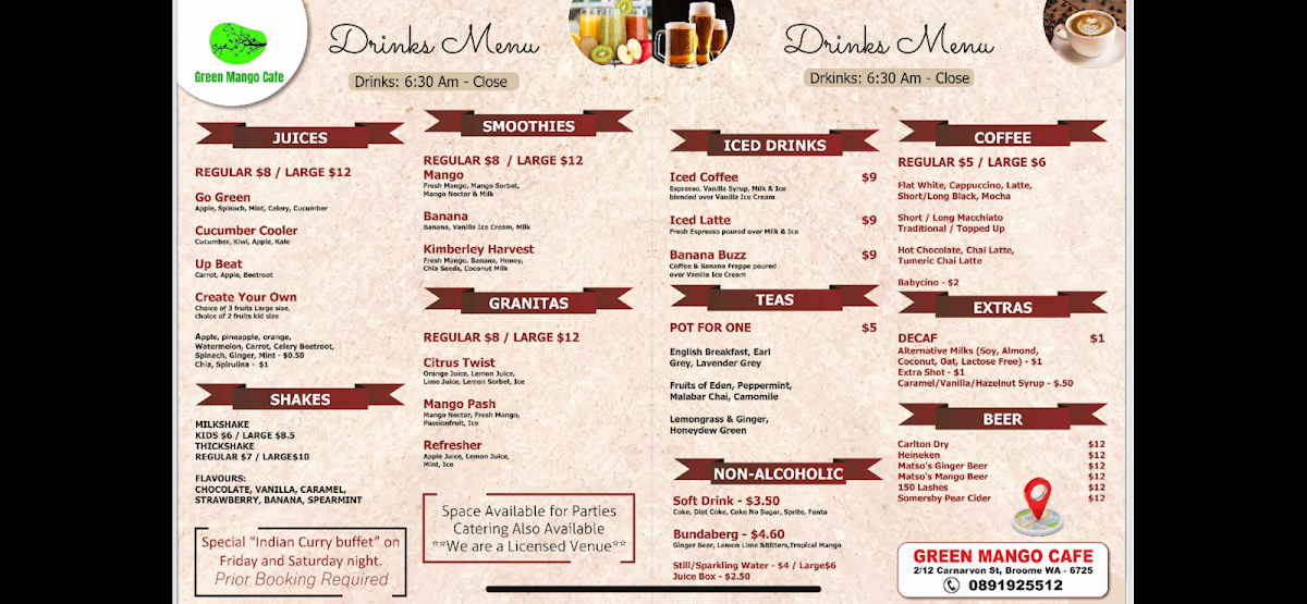 Menu, The Green Mango Cafe