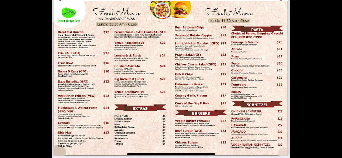 Menu, The Green Mango Cafe