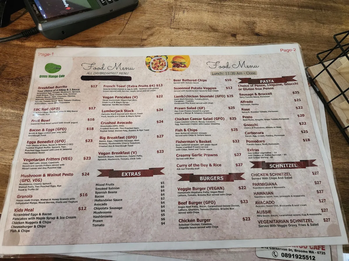 Menu, The Green Mango Cafe