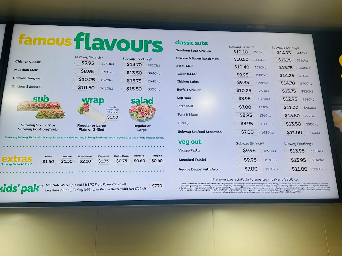 Menu, Subway