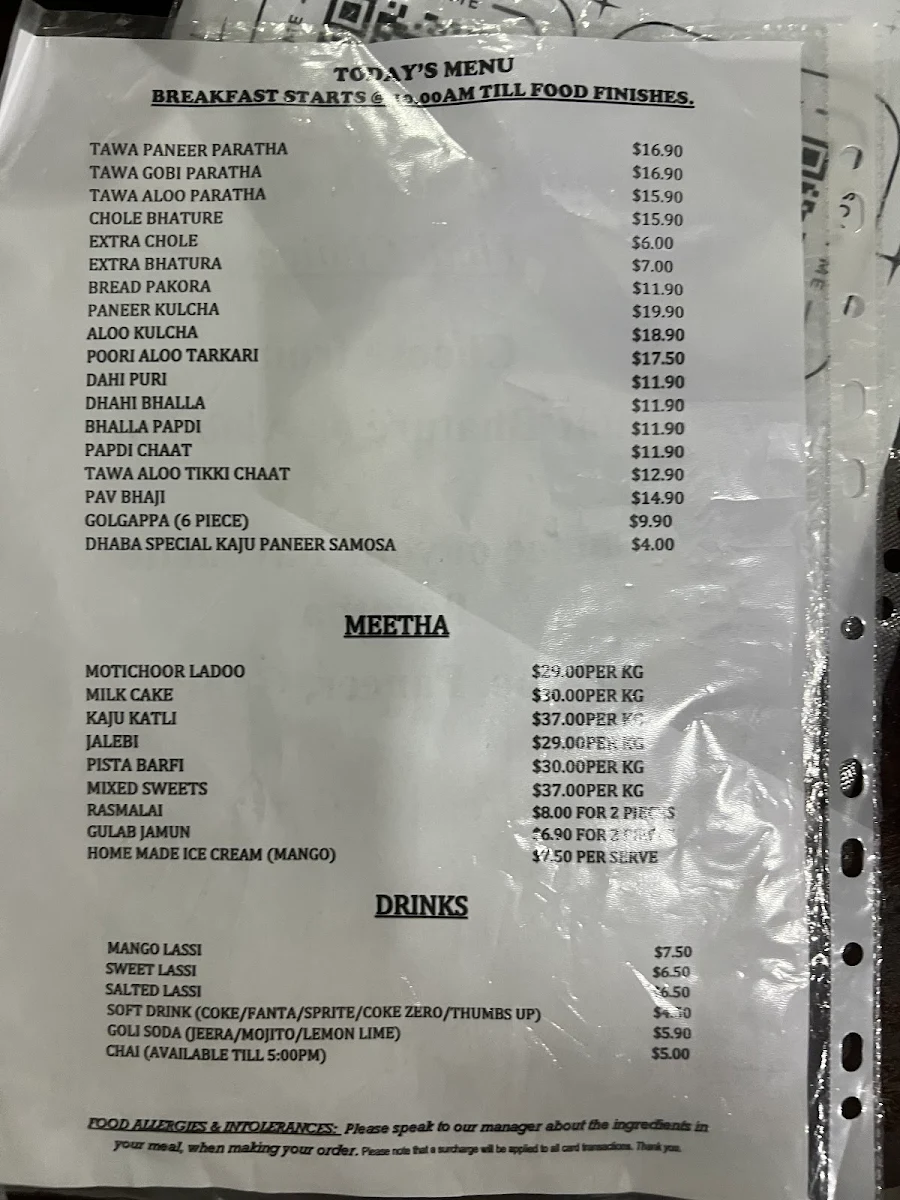 Menu, Mitran Da Dhaba Blacktown