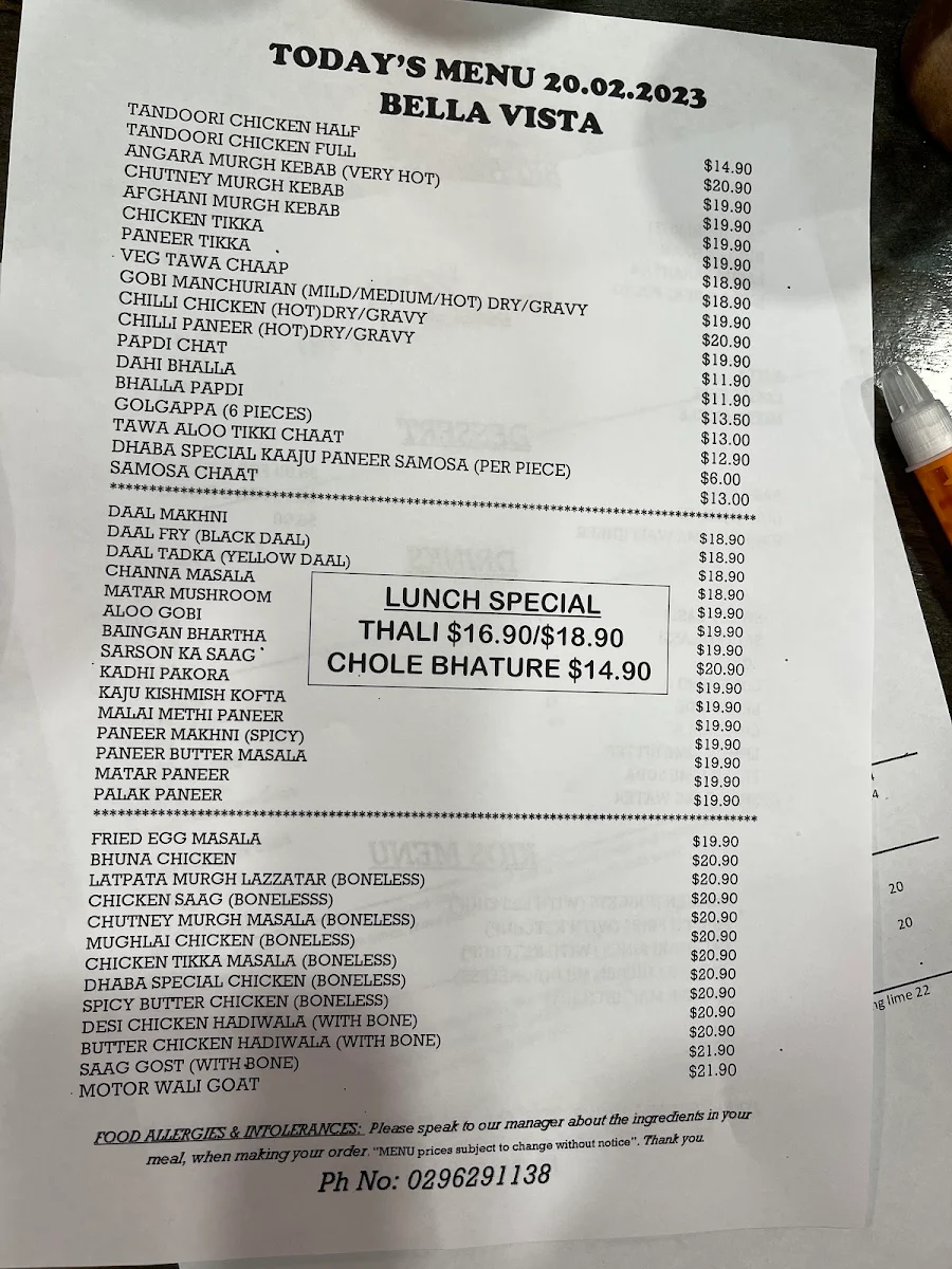 Menu, Mitran Da Dhaba Blacktown