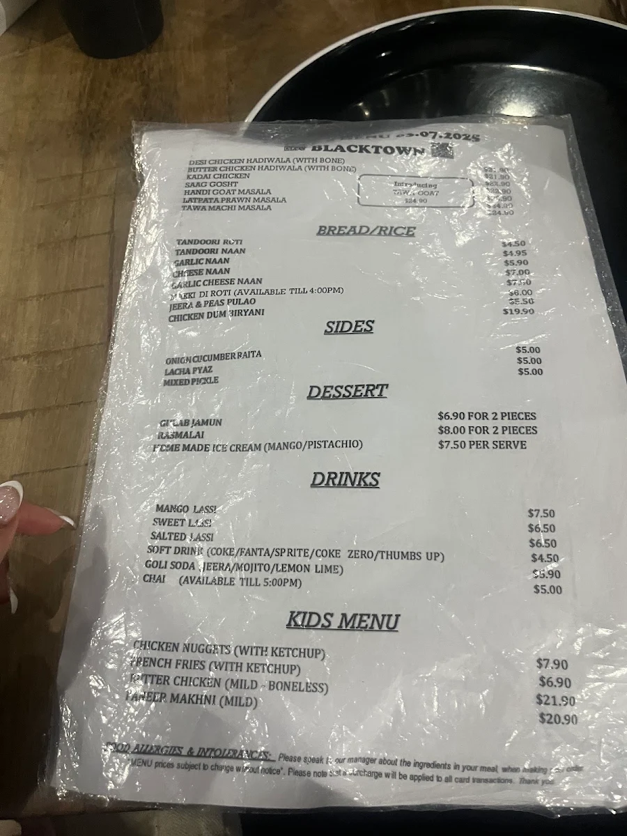 Menu, Mitran Da Dhaba Blacktown
