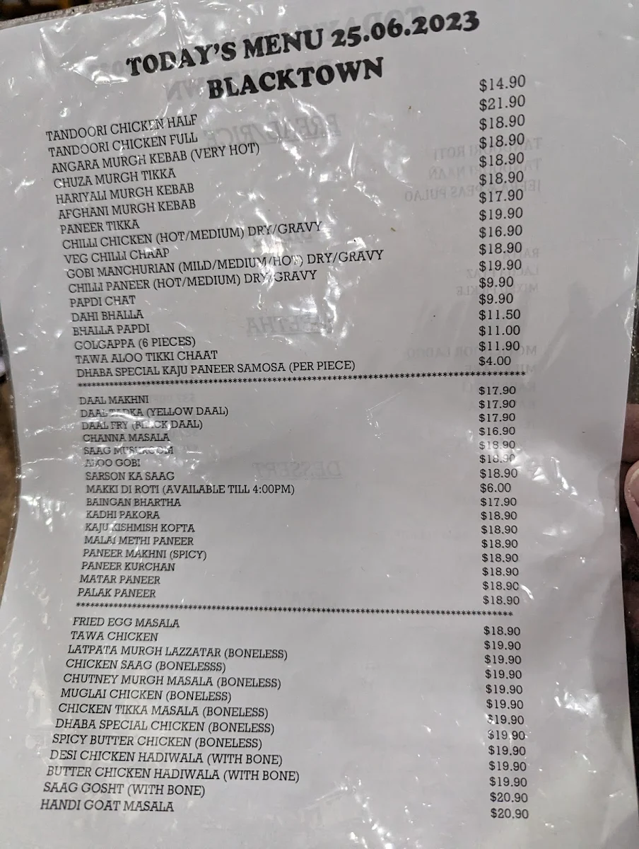 Menu, Mitran Da Dhaba Blacktown