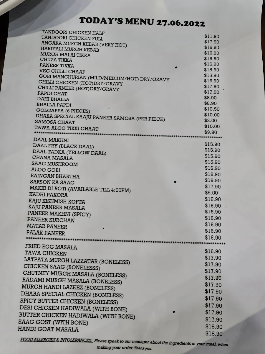 Menu, Mitran Da Dhaba Blacktown