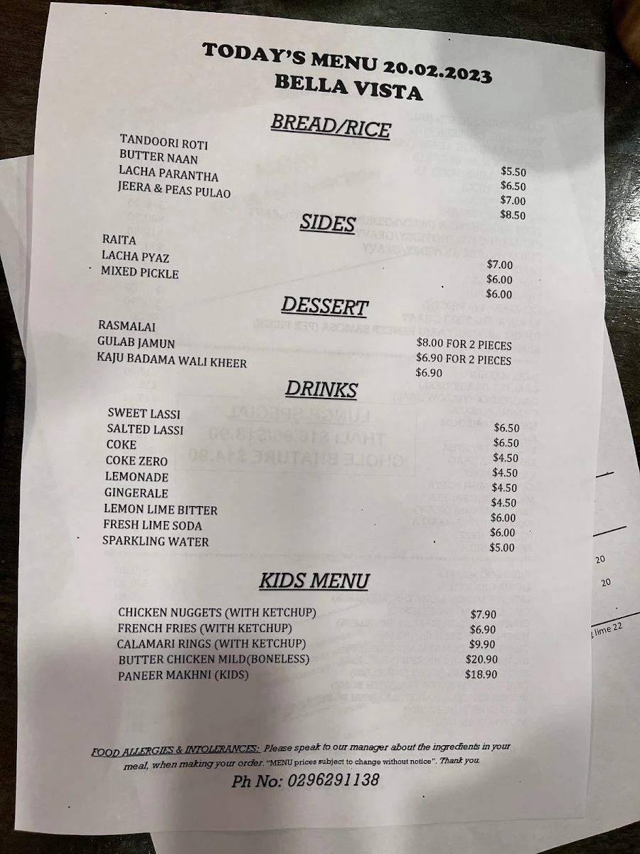 Menu, Mitran Da Dhaba Blacktown