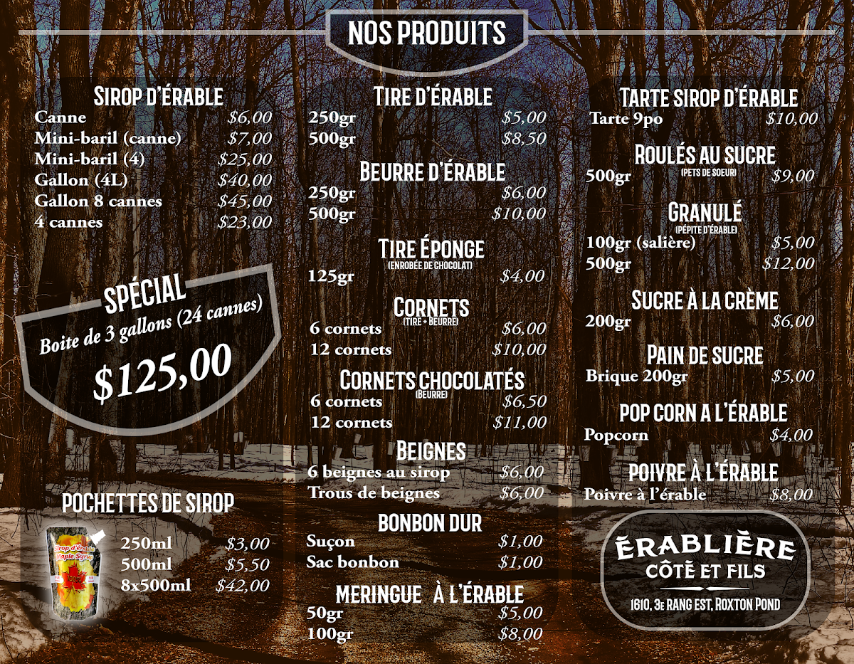 Menu, Érablière Côté & Fils