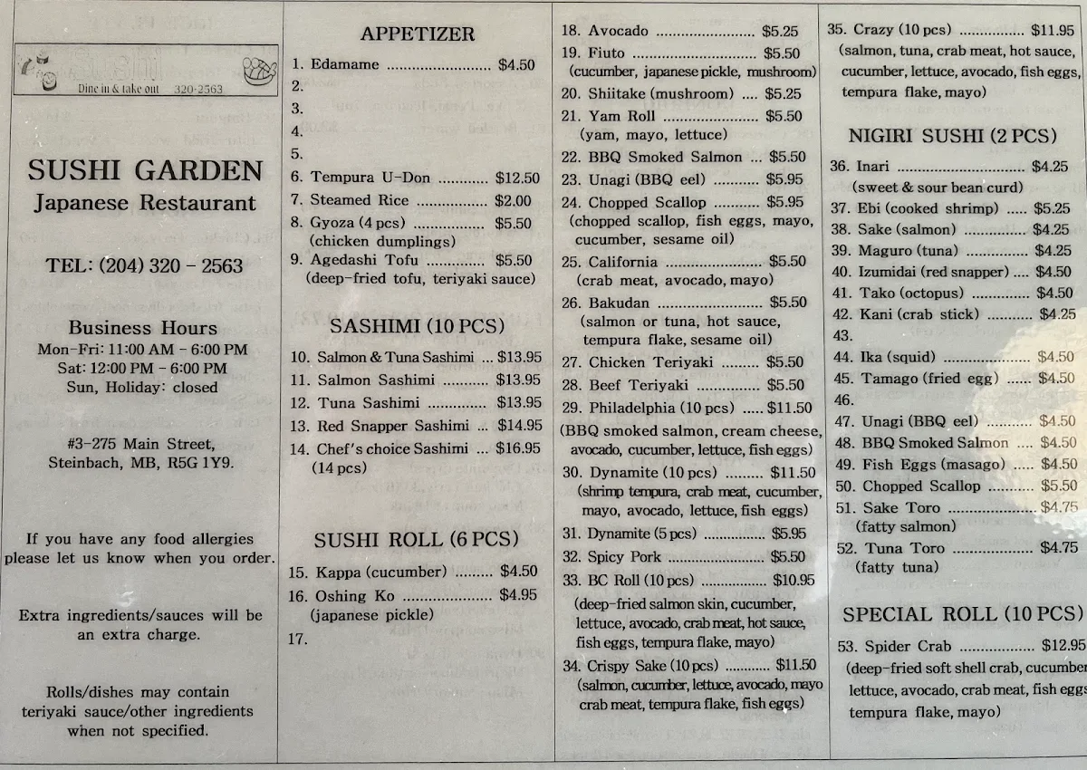 Menu, Sushi Garden