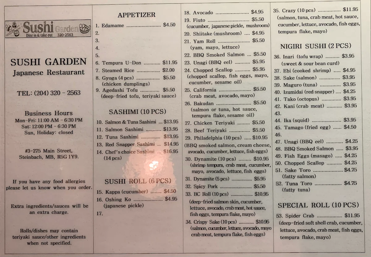 Menu, Sushi Garden